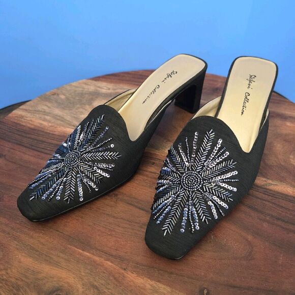 RARE Stefani Collection Beaded Silk Dress Mules Women's US8 Feather Design Black - Picture 13 of 13